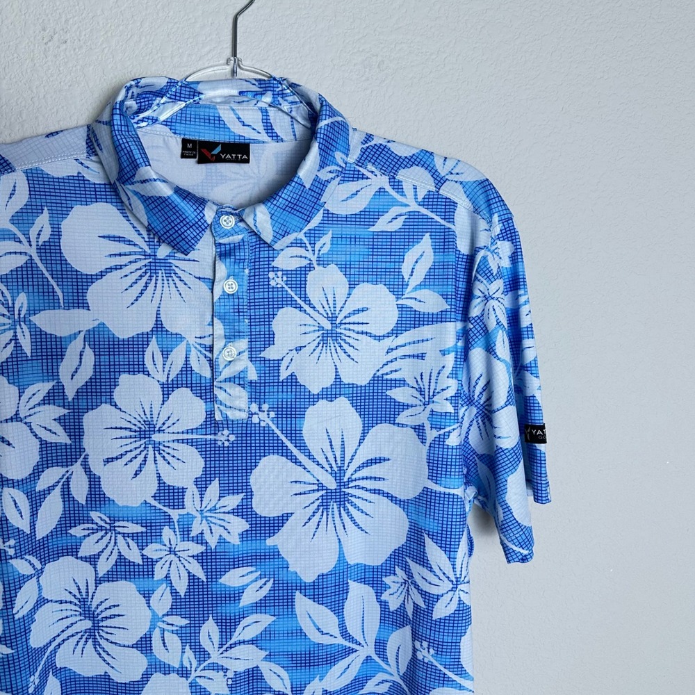 Yatta Golf Mens Blue White Hibiscus Floral Performance Polo Shirt Size M Stretch